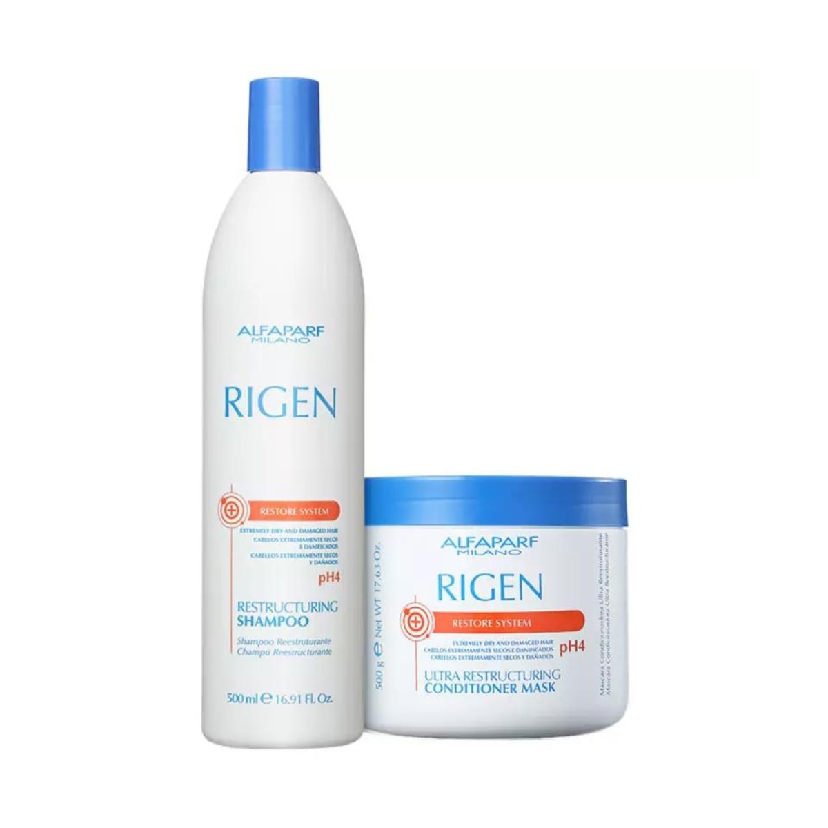 Alfaparf Rigen Restore System Restructuring Kit Shampoo 500g + Máscara 500ml Alfaparf Rigen Restore System Restructuring Kit Shampoo 500g + Máscara 500ml