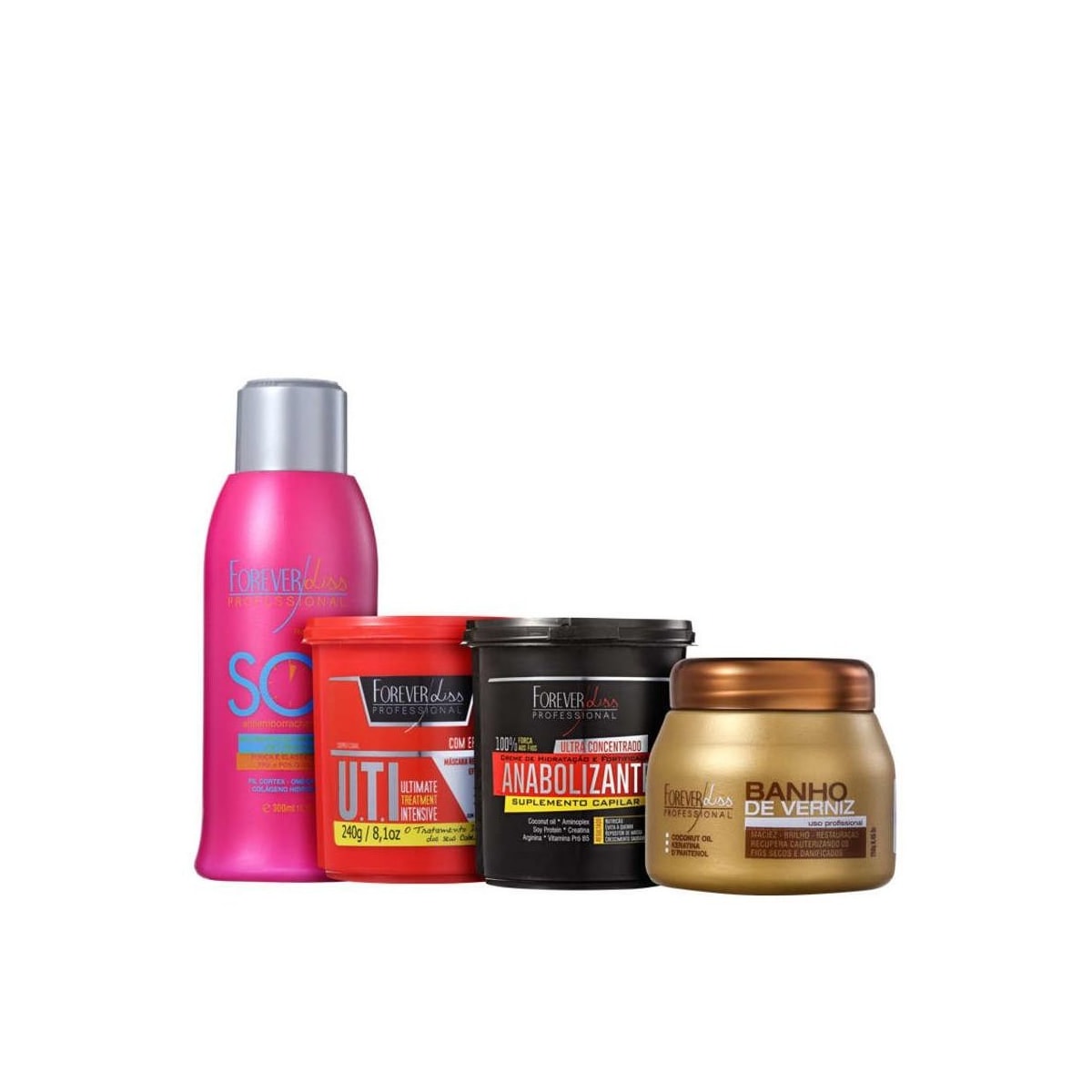 Forever Liss Máscaras UTI 240g + Anabolizante 240g + Verniz 240g + Antiemborrachamento 300ml Forever Liss Máscaras UTI 240g + Anabolizante 240g + Verniz 240g + Antiemborrachamento 300ml