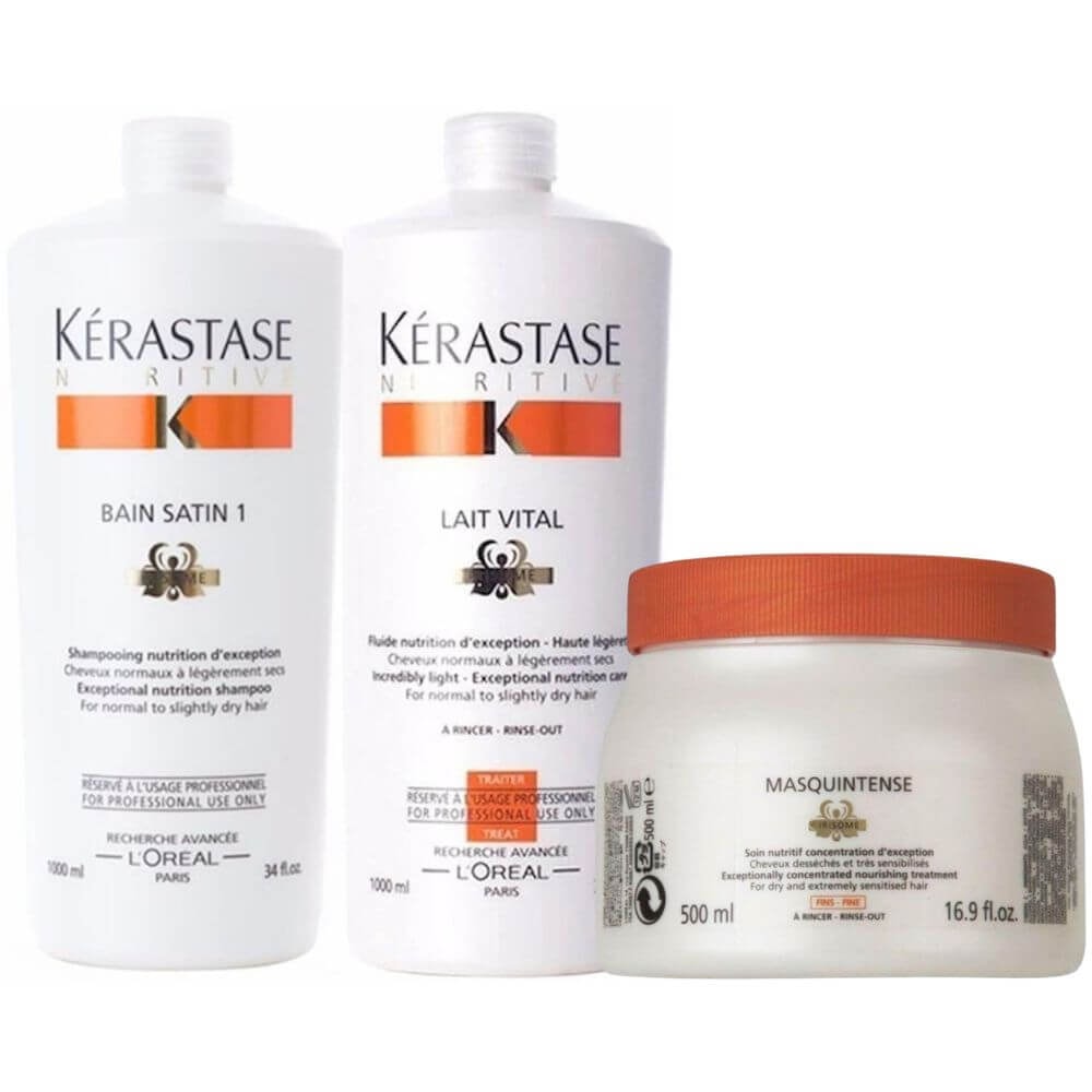 Kérastase Nutritive Satin 1 Kit Shampoo 1000ml + Condicionador Lait Vital 1000ml + Máscara Cabelos Grossos 500g