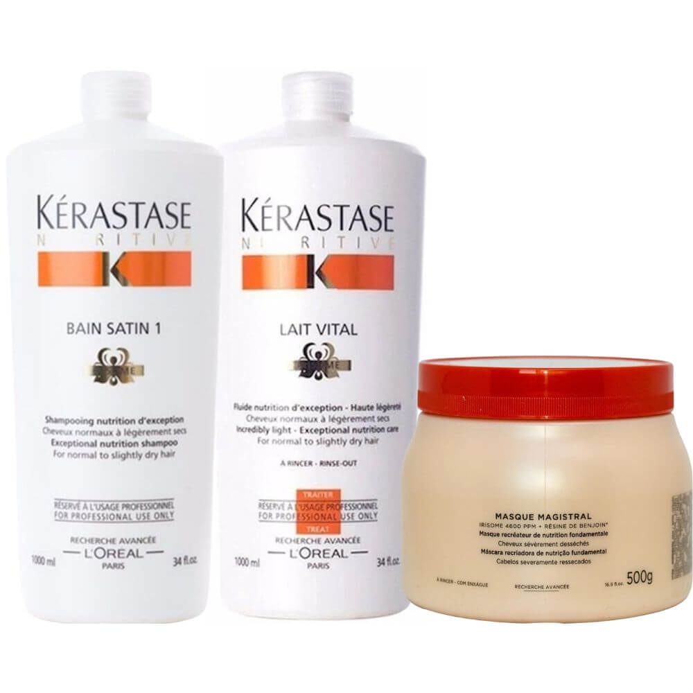 Kérastase Nutritive Satin 1 Kit Shampoo 1L + Condicionador Lait Vital 1L + Máscara Magistral 500ml