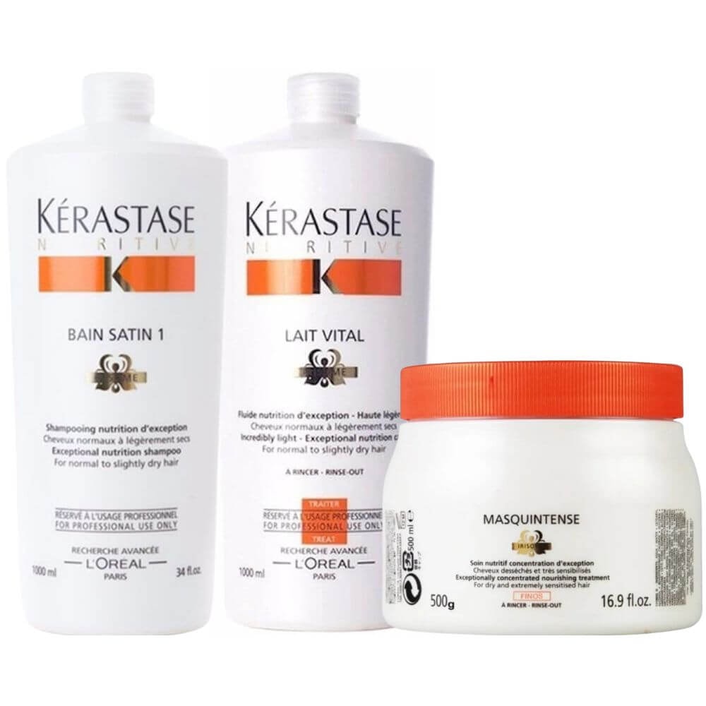 Kérastase Nutritive Satin 1 Kit Shampoo + Condicionador Lait Vital 2x1L + Máscara Masquintense 500g