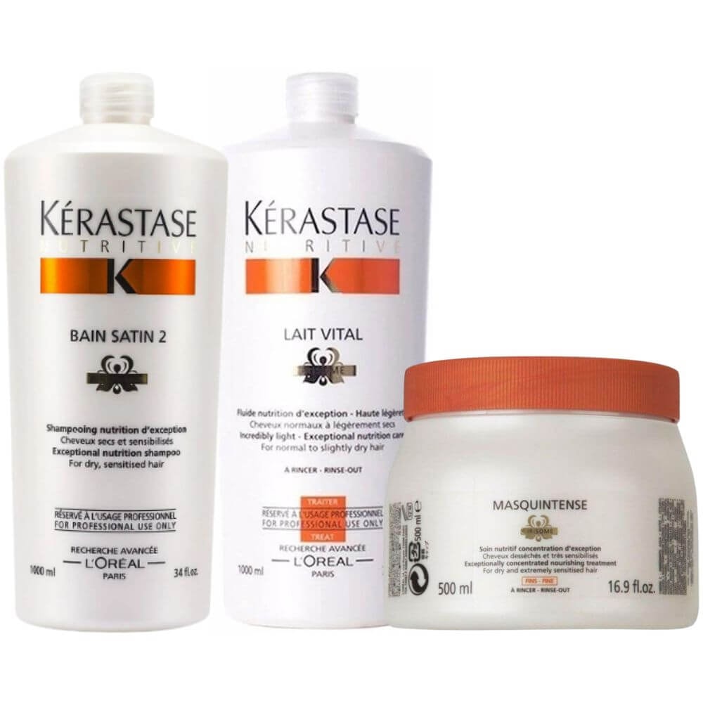 Kérastase Nutritive Satin 2 Kit Shampoo 1000ml + Condicionador Lait Vital 1000ml + Máscara Cabelos Grossos 500g