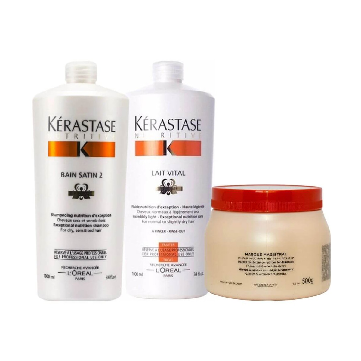 Kérastase Nutritive Satin 2 Kit Shampoo 1L + Condicionador Lait Vital 1L + Máscara Magistral 500ml Kérastase Nutritive Satin 2 Kit Shampoo 1L + Condicionador Lait Vital 1L + Máscara Magistral 500ml
