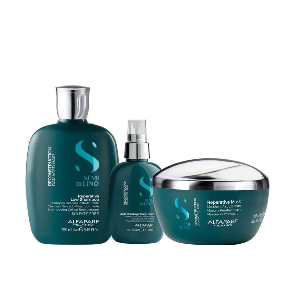 Kit Alfaparf Semi Di Lino Reconstruction Reparative Shampoo 250 ml + Máscara 200 ml + Fluido 125 ml Kit Alfaparf Semi Di Lino Reconstruction Reparative Shampoo 250 ml + Máscara 200 ml + Fluido 125 ml