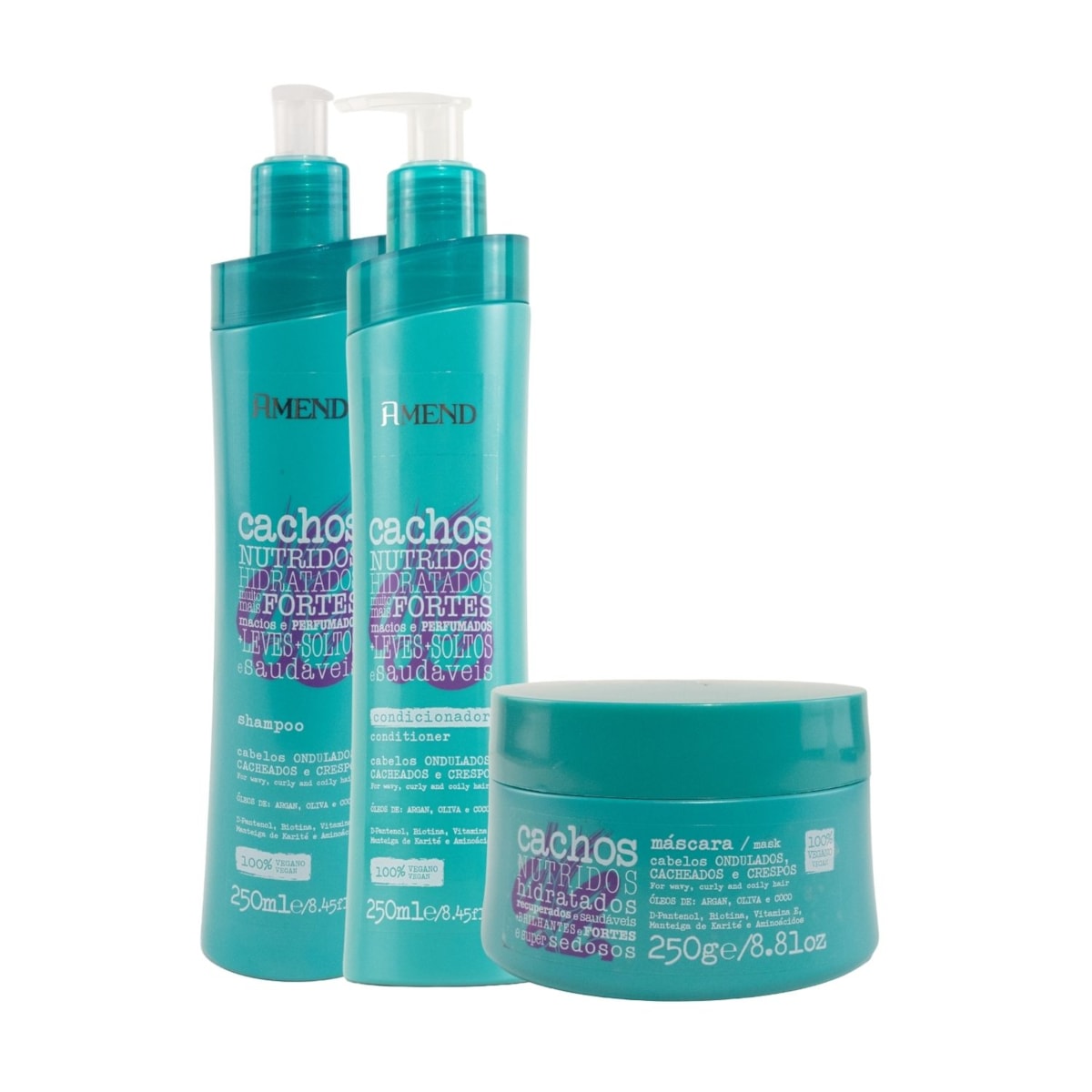 Kit Amend Cachos Nutridos Shampoo Condicionador e Máscara 250 ml Kit Amend Cachos Nutridos Shampoo Condicionador e Máscara 250 ml