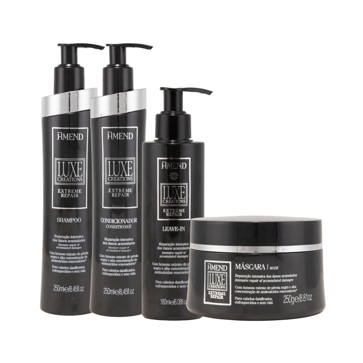 Kit Amend Luxe Creations Hidratação Shampoo Condicionador Máscara e Leave in 250 ml Kit Amend Luxe Creations Hidratação Shampoo Condicionador Máscara e Leave in 250 ml