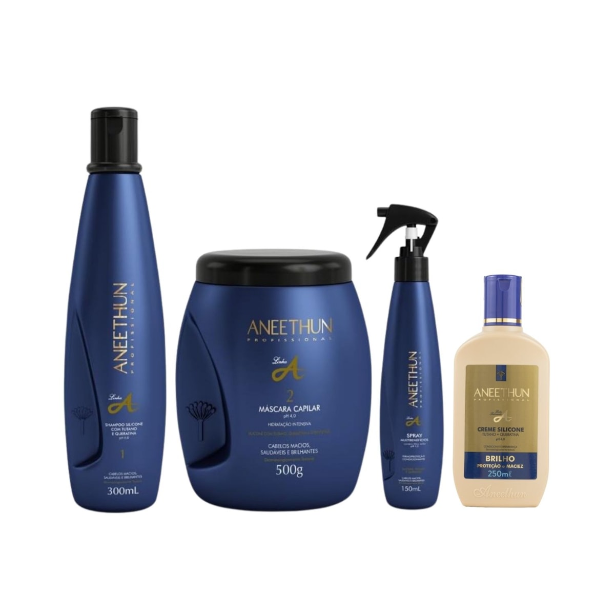 Kit Aneethun Linha A Shampoo 300 ml + Máscara 500 g + Creme 250 ml + Spray 150 ml Kit Aneethun Linha A Shampoo 300 ml + Máscara 500 g + Creme 250 ml + Spray 150 ml