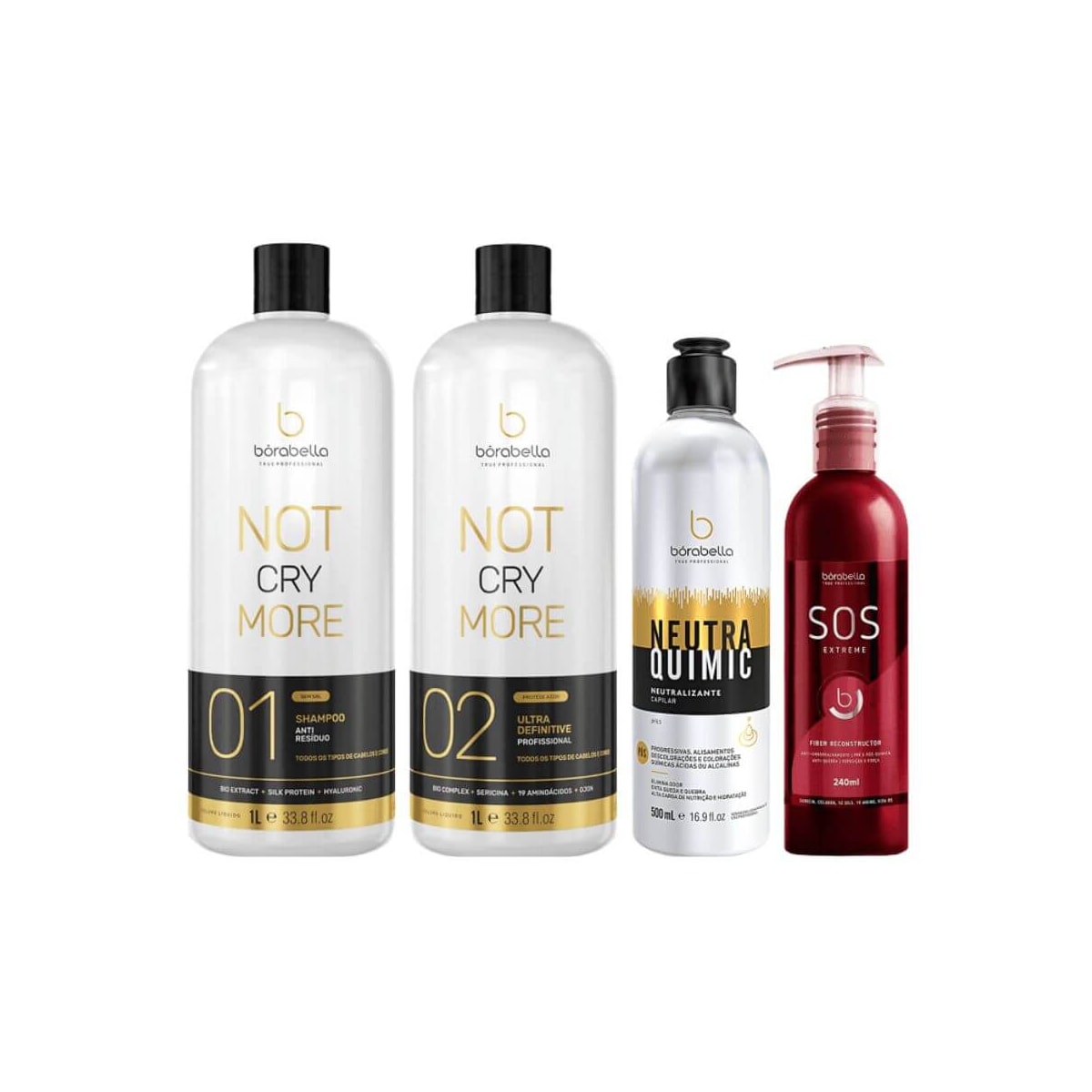 Kit Bórabella Progressiva Not Cry More 2 x 1 Litro + Neutra Quimic 500 ml + SOS Extreme