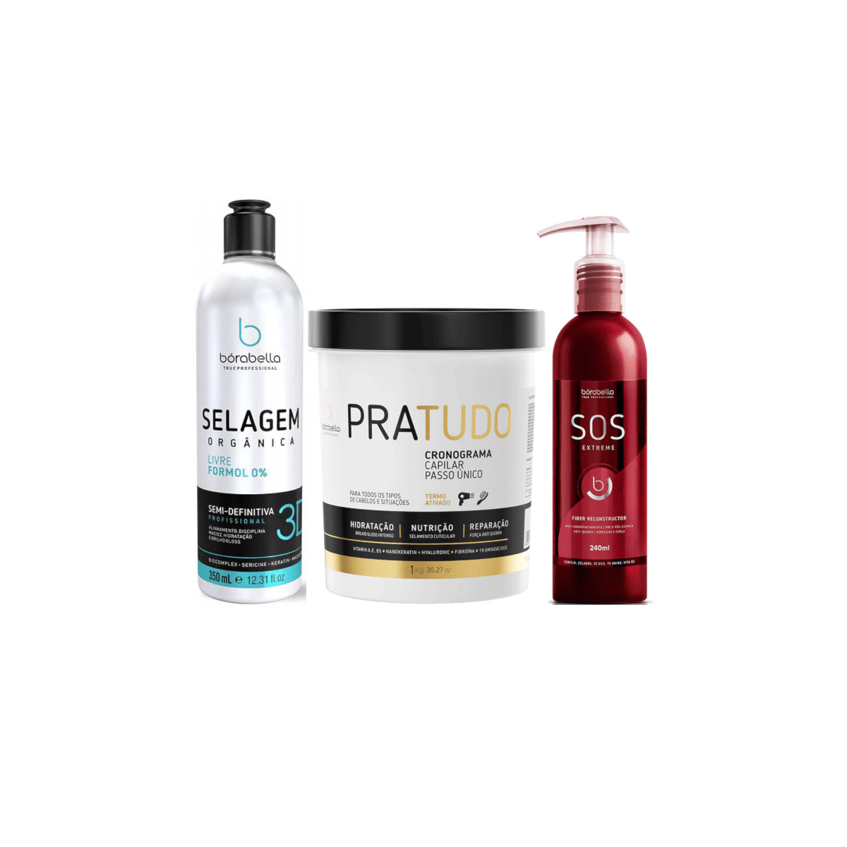 Kit Bórabella Selagem 3D Semi Definitiva 350 ml + PraTudo 1 Kg + SOS Extreme Kit Bórabella Selagem 3D Semi Definitiva 350 ml + PraTudo 1 Kg + SOS Extreme