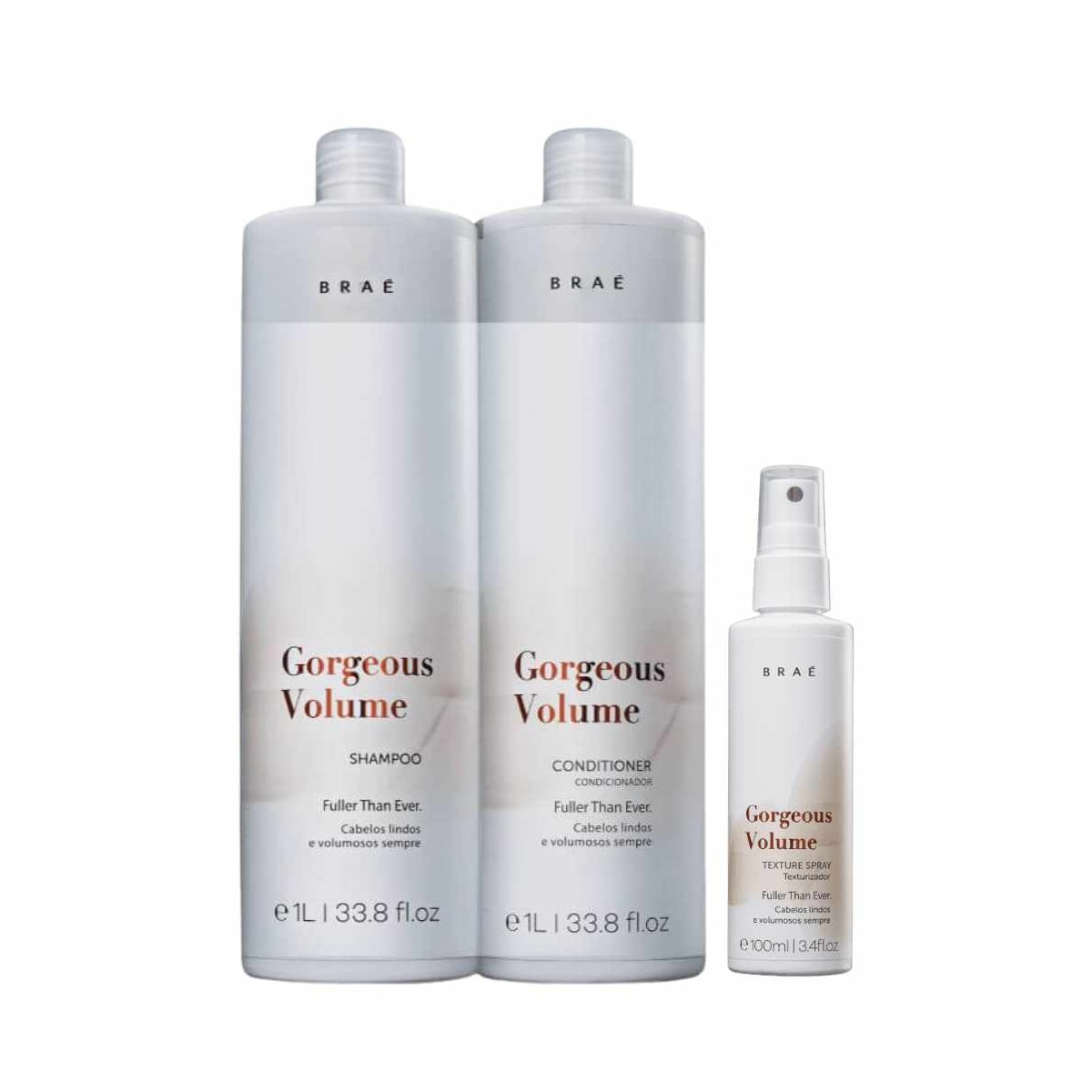 Kit Braé Gorgeous Volume Shampoo 1 Litro + Condicionador 1 Litro + Spray
