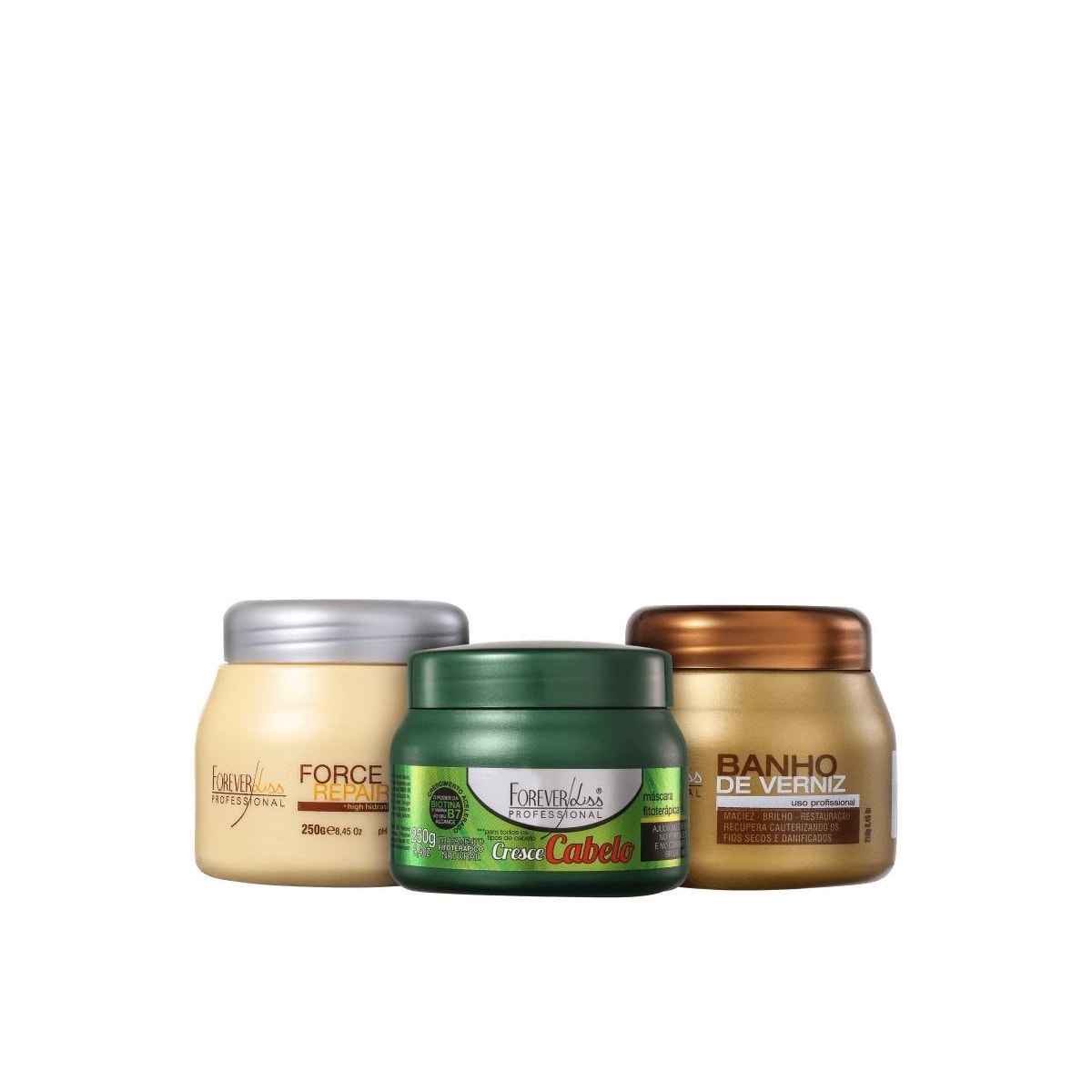 Kit Forever Liss Máscaras Verniz 250 g + Force Repair 250 g + Cresce Cabelo 250 g Kit Forever Liss Máscaras Verniz 250 g + Force Repair 250 g + Cresce Cabelo 250 g