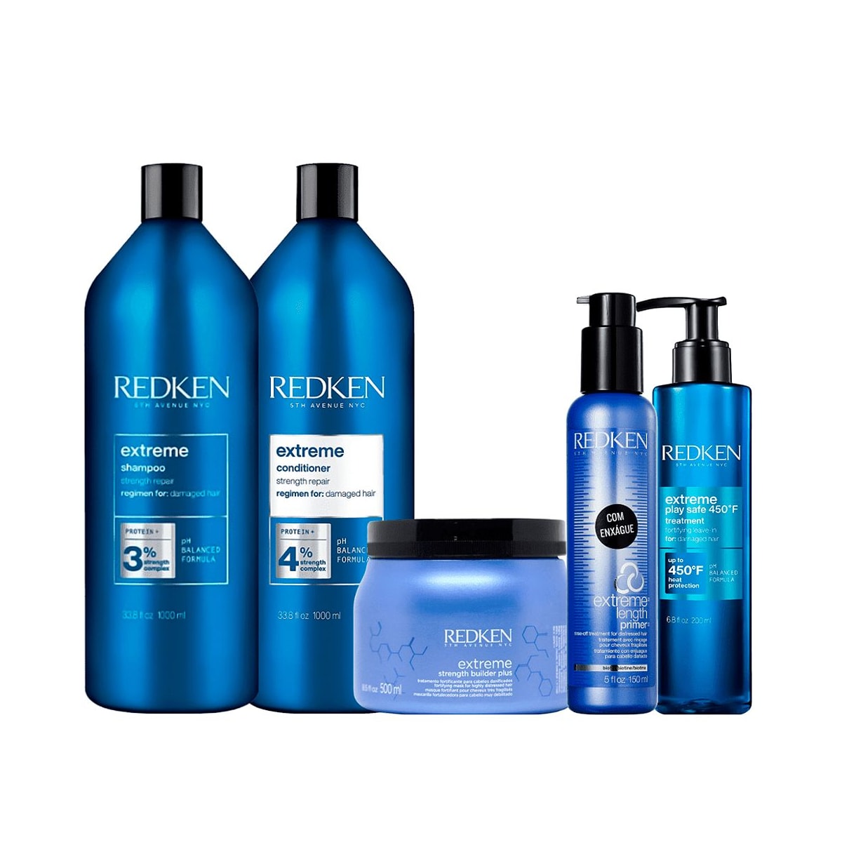 Kit Redken Extreme Duo Grande + Reconstrutor Duo Pequeno+ Reconstrutor Primer 150 ml + Máscara 500 ml + Leave in 200m