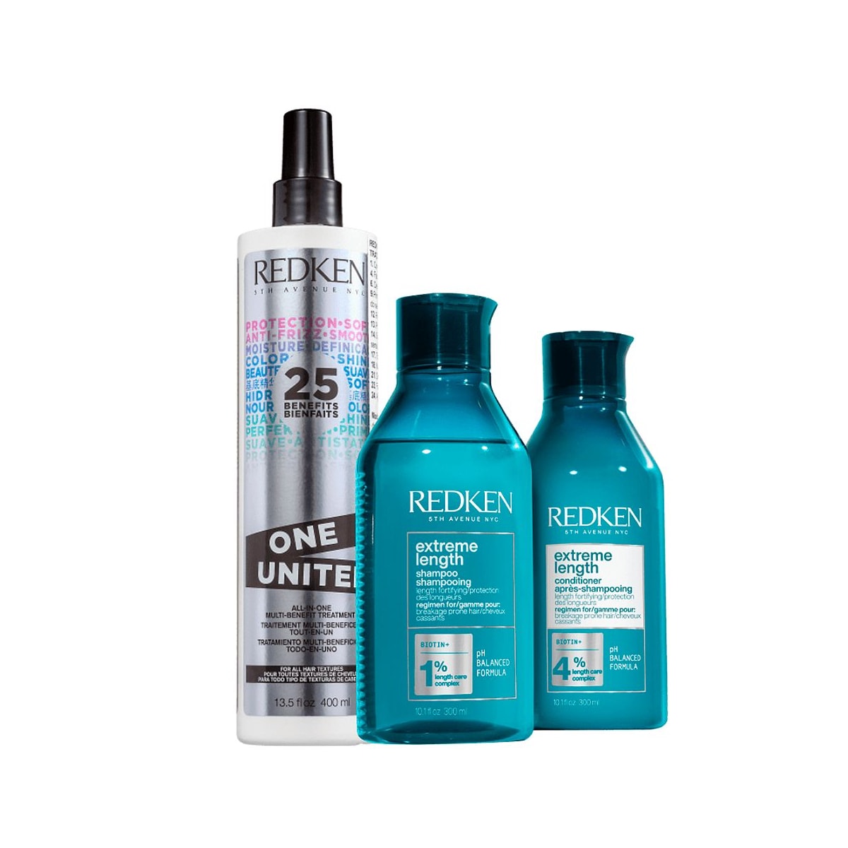 Kit Redken Extreme Length Salon Shampoo + Condicionador 300 ml + Redken One United 25 Benefits Leave-in 400 ml Kit Redken Extreme Length Salon Shampoo + Condicionador 300 ml + Redken One United 25 Benefits Leave-in 400 ml