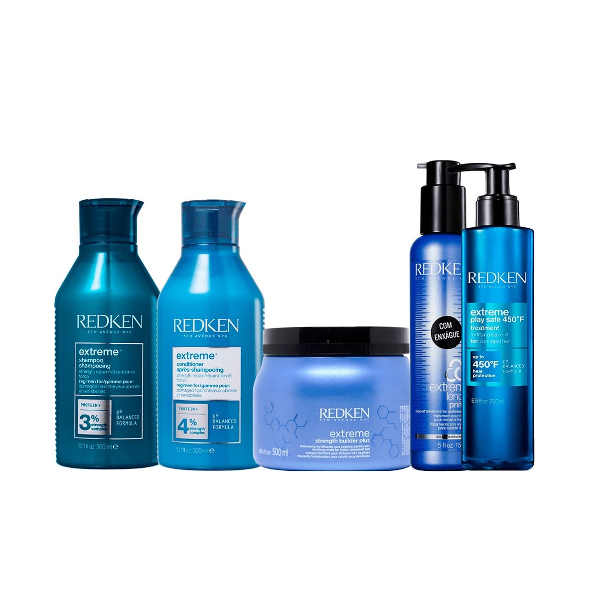 Kit Redken Extreme Shampoo 300 ml + Condicionador 250 ml + Reconstrutor Primer 150 ml + Máscara 500 ml + Leave in 200 ml Kit Redken Extreme Shampoo 300 ml + Condicionador 250 ml + Reconstrutor Primer 150 ml + Máscara 500 ml + Leave in 200 ml