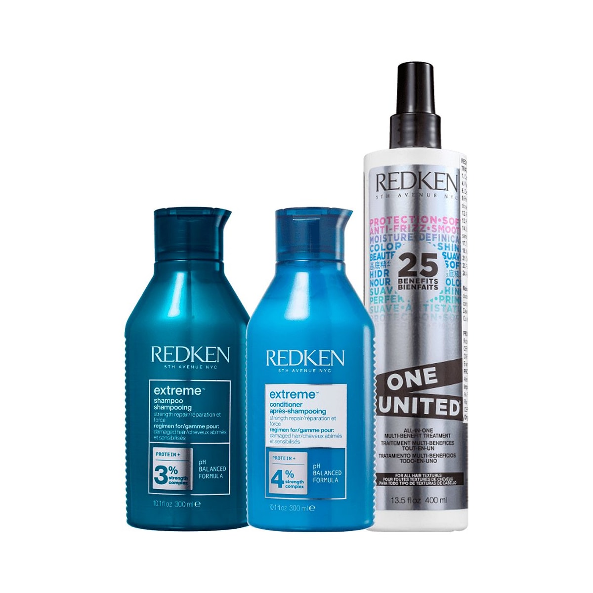 Kit Redken Extreme Shampoo 300 ml + Condicionador 250 ml + Redken One United 25 Benefits Leave-in 400 ml Kit Redken Extreme Shampoo 300 ml + Condicionador 250 ml + Redken One United 25 Benefits Leave-in 400 ml