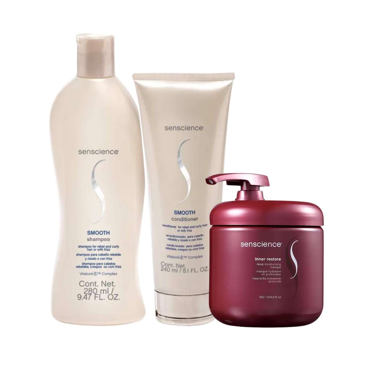 Kit Senscience Smooth Shampoo 280 ml + Condicionador 240 ml + Inner Hidratação 500 ml Kit Senscience Smooth Shampoo 280 ml + Condicionador 240 ml + Inner Hidratação 500 ml