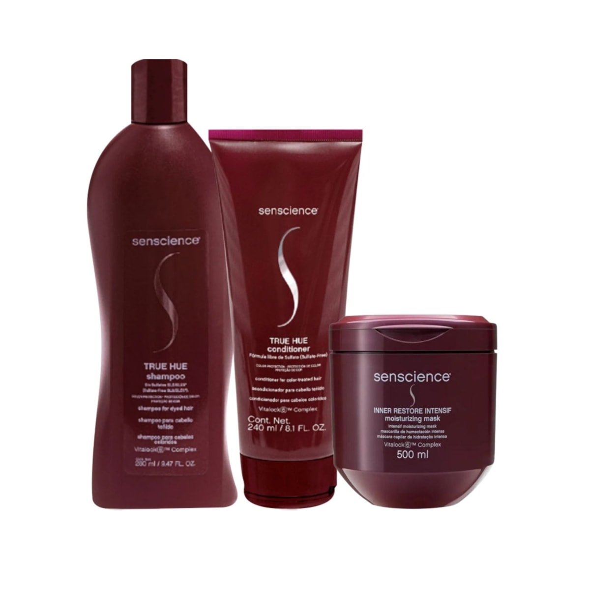 Kit Senscience True Hue Shampoo 280 ml + Condicionador 240 ml + Máscara Inner Hidratação 500 ml Kit Senscience True Hue Shampoo 280 ml + Condicionador 240 ml + Máscara Inner Hidratação 500 ml