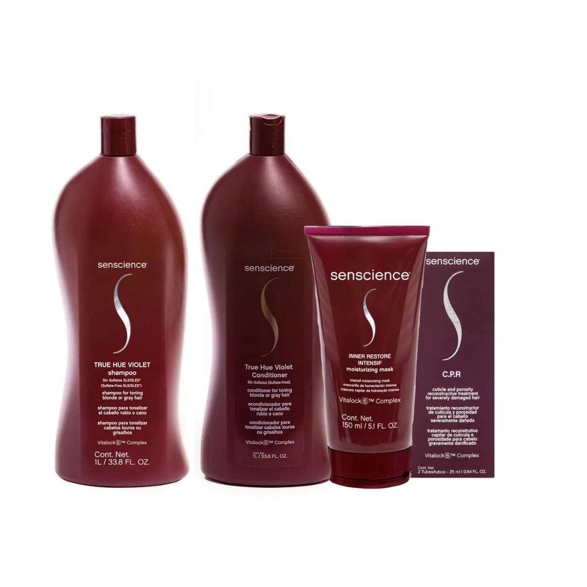 Kit Senscience True Hue Violet Shampoo + Condicionador 1 Litro + Inner Restore Intensif 150 ml + C.P.R 25 ml Kit Senscience True Hue Violet Shampoo + Condicionador 1 Litro + Inner Restore Intensif 150 ml + C.P.R 25 ml