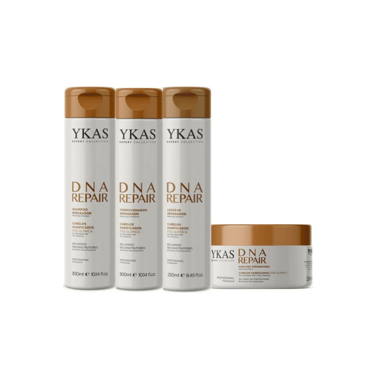 Kit Ykas Dna Repair Shampoo + Condicionador 300 ml + Máscara 250 g + Leave-in 250 ml Kit Ykas Dna Repair Shampoo + Condicionador 300 ml + Máscara 250 g + Leave-in 250 ml