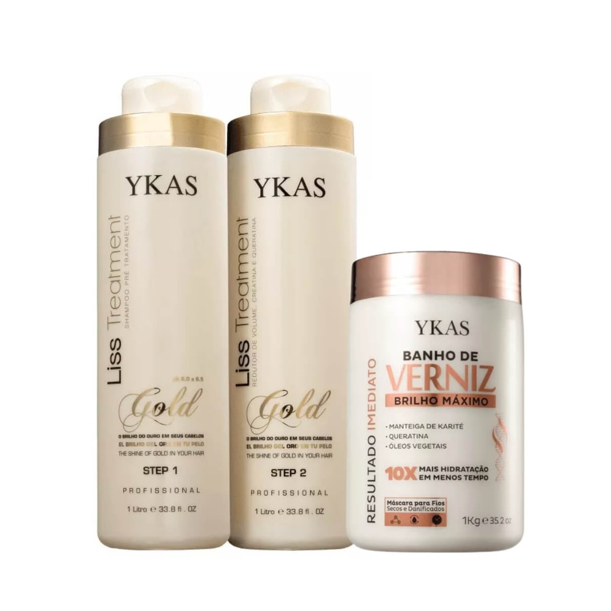 Kit Ykas Escova Progressiva Ouro 2 x 1 Litro + Ykas Verniz Máscara 1 Kg Kit Ykas Escova Progressiva Ouro 2 x 1 Litro + Ykas Verniz Máscara 1 Kg
