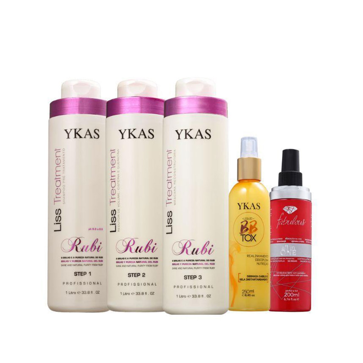 Kit Ykas Escova Progressiva Rubi (3 x 1 Litro) + Ykas Fabulous All In One + Ykas Botox Capilar Líquido Tratamento 250 ml
