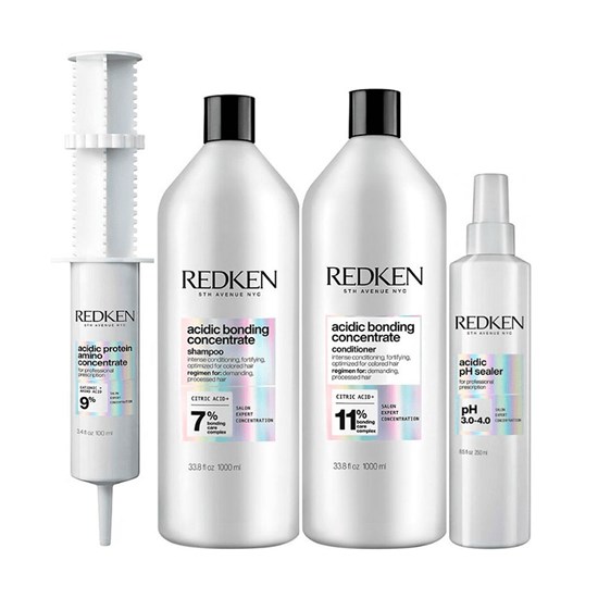 Redken Acidic Bonding Concentrate Shampoo + Condicionador 1L + pH Sealer 250ml + Protein Amino 100ml