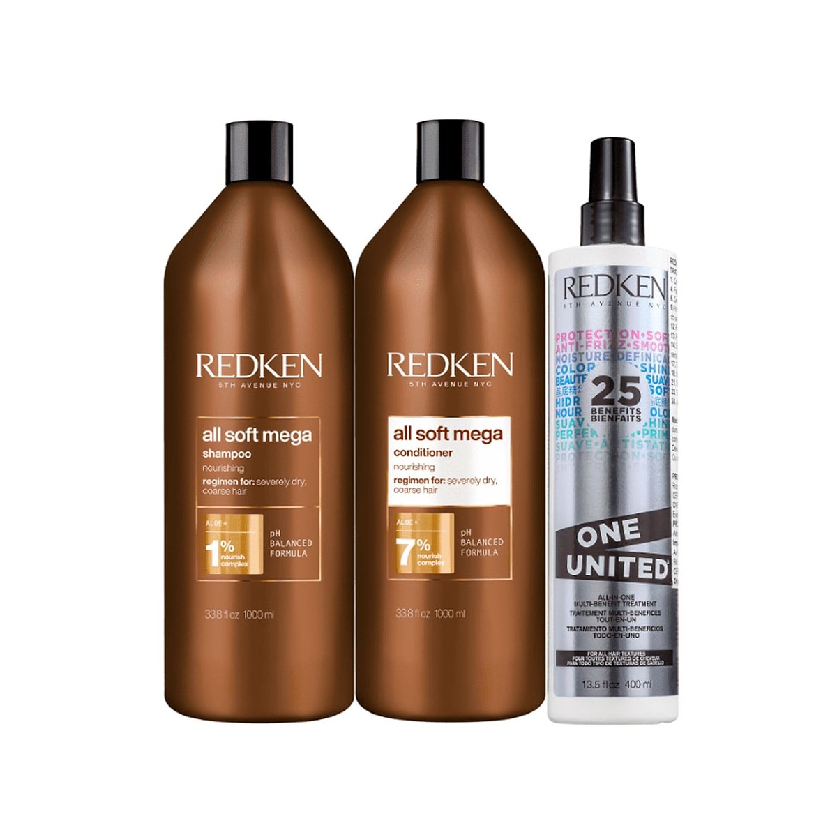 Redken All Soft Mega Shampoo + Condicionador 1L + Redken One United 25 Benefits Leave-in 400ml Redken All Soft Mega Shampoo + Condicionador 1L + Redken One United 25 Benefits Leave-in 400ml