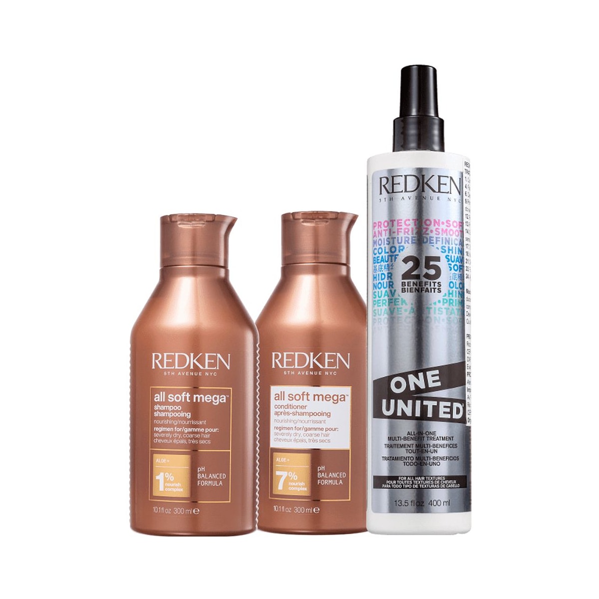 Redken All Soft Mega Shampoo + Condicionador 300ml + Redken One United 25 Benefits Leave-in 400ml Redken All Soft Mega Shampoo + Condicionador 300ml + Redken One United 25 Benefits Leave-in 400ml