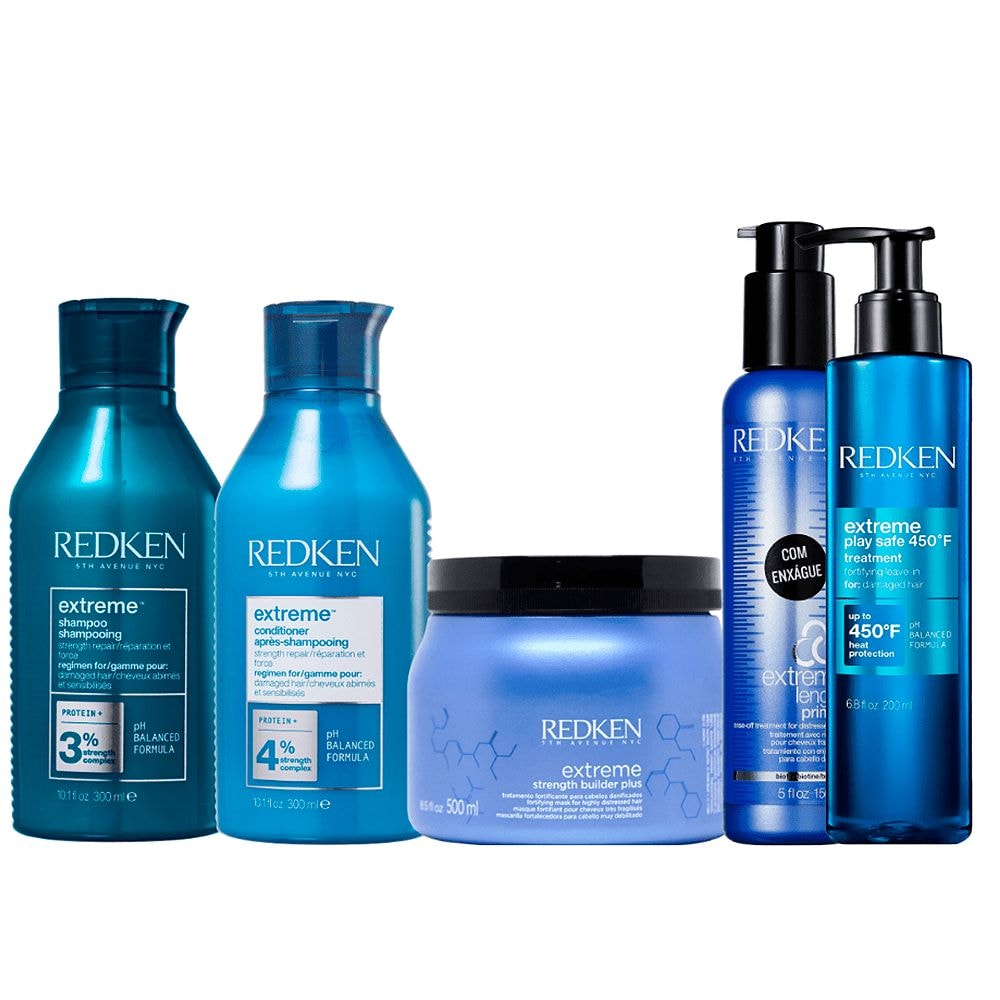 Redken Extreme Shampoo 300ml + Condicionador 250ml + Reconstrutor Primer 150ml + Máscara 500ml + Leave in 200ml