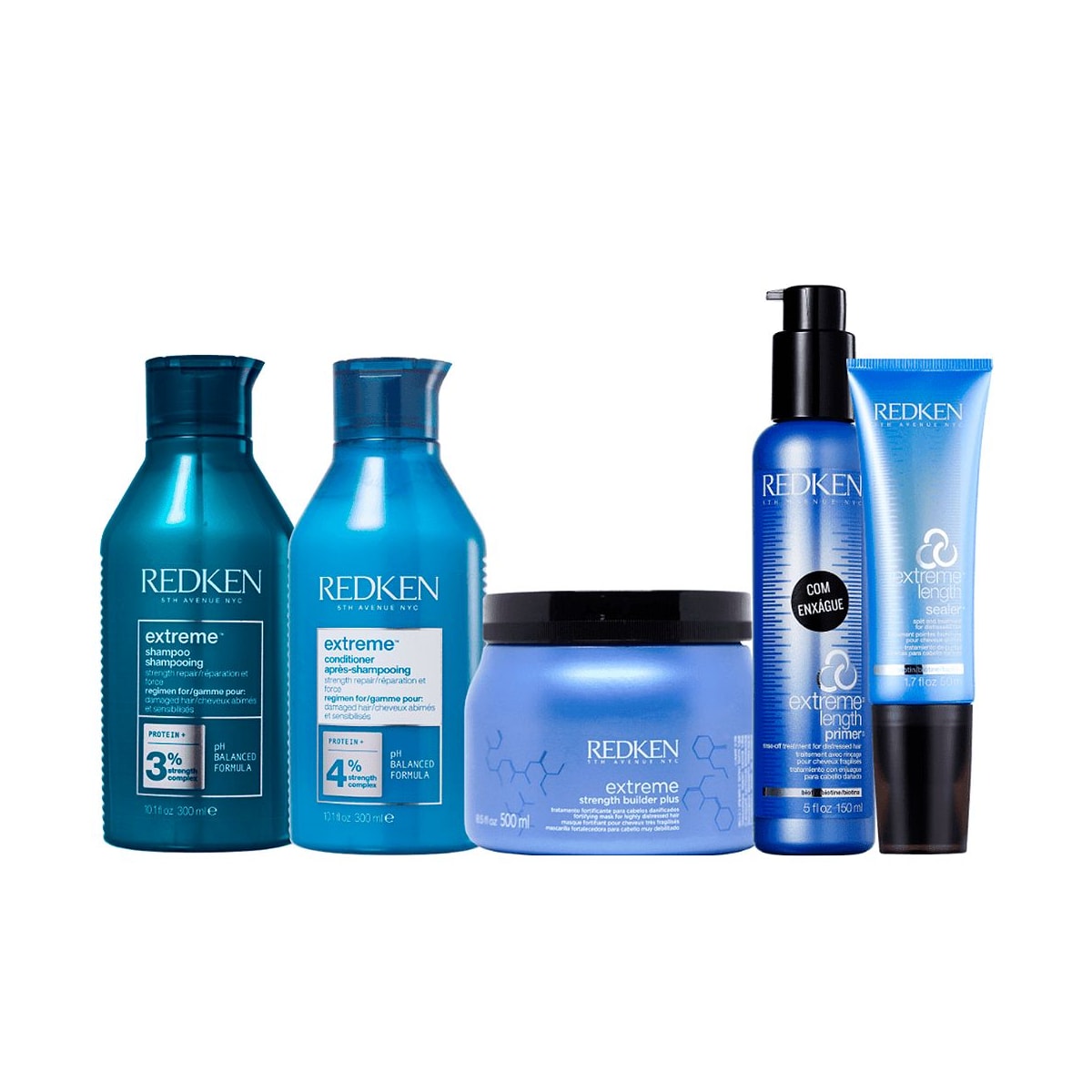 Redken Extreme Shampoo 300ml + Condicionador 250ml + Reconstrutor Primer 150ml + Máscara 500ml + Leave in 50ml Redken Extreme Shampoo 300ml + Condicionador 250ml + Reconstrutor Primer 150ml + Máscara 500ml + Leave in 50ml