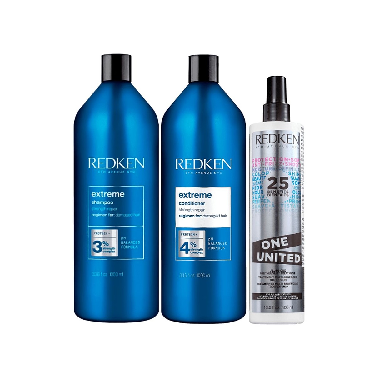 Redken Extreme Shampoo + Condicionador 1L + Redken One United 25 Benefits Leave-in 400ml Redken Extreme Shampoo + Condicionador 1L + Redken One United 25 Benefits Leave-in 400ml