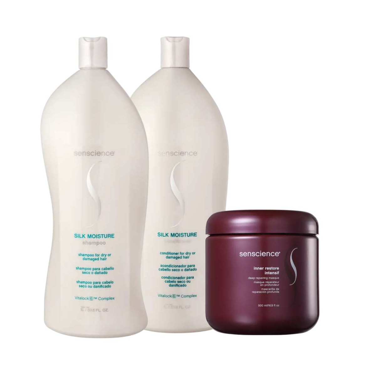 Senscience Silk Moisture Shampoo + Condicionador 1L + Inner Restore Intensif 500ml Senscience Silk Moisture Shampoo + Condicionador 1L + Inner Restore Intensif 500ml
