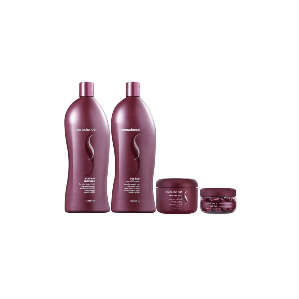 Senscience True Hue Shampoo + Condicionador 1L + Máscara Moisture Lock 150ml + Color Protecting Cápsulas 26,9ml