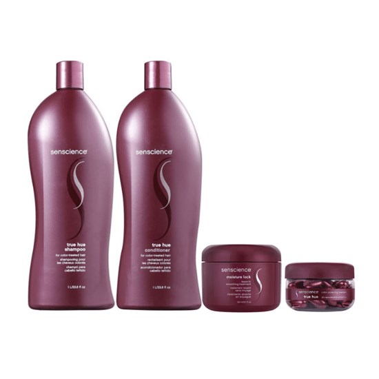 Senscience True Hue Shampoo + Condicionador 1L + Máscara Moisture Lock 150ml + Color Protecting Cápsulas 26,9ml