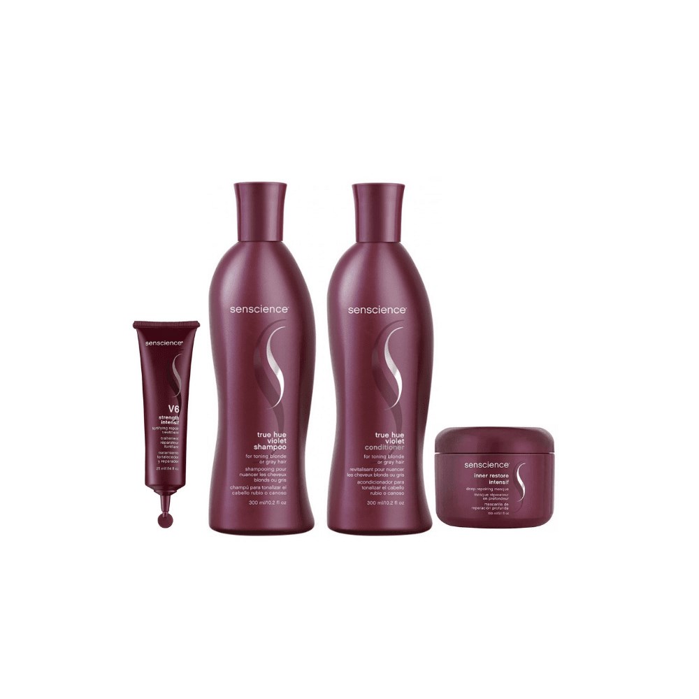 Senscience True Hue Violet Shampoo 280ml + Condicionador 240ml + Inner Restore Intensif 150ml + 1  Ampola V6