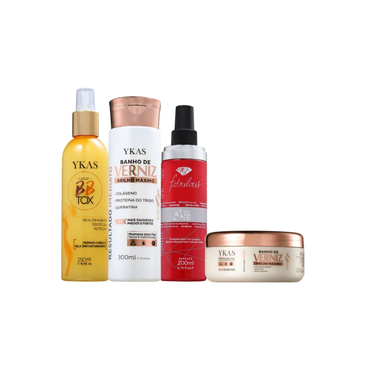 Ykas Verniz Shampoo 300ml + Máscara 250g + Bbtox Líquido 250ml + All in One 250ml Ykas Verniz Shampoo 300ml + Máscara 250g + Bbtox Líquido 250ml + All in One 250ml