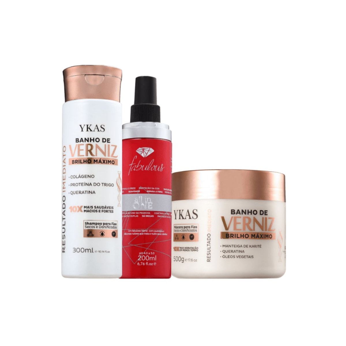 Ykas Verniz Shampoo 300ml + Máscara 500g + All in One 250ml Ykas Verniz Shampoo 300ml + Máscara 500g + All in One 250ml