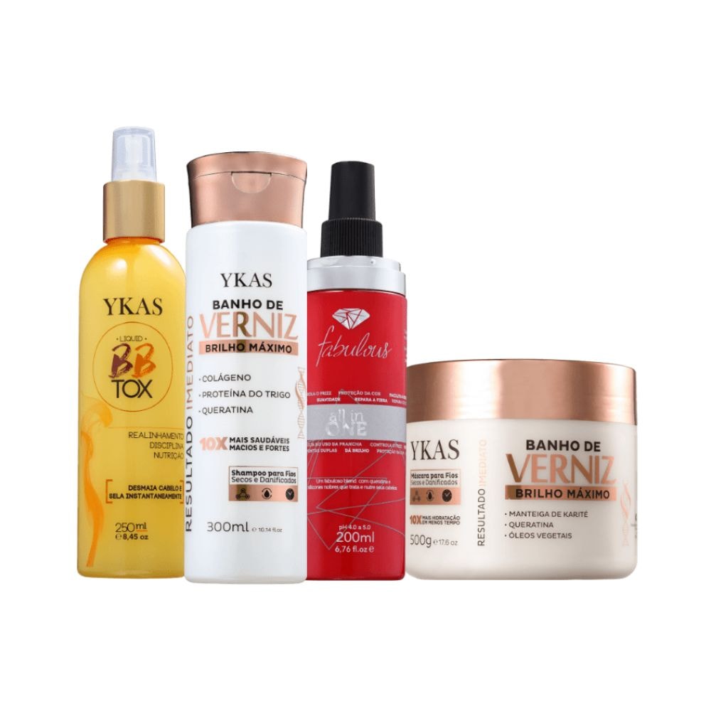 Ykas Verniz Shampoo 300ml + Máscara 500g  + Bbtox Líquido 250ml + All in One 250ml