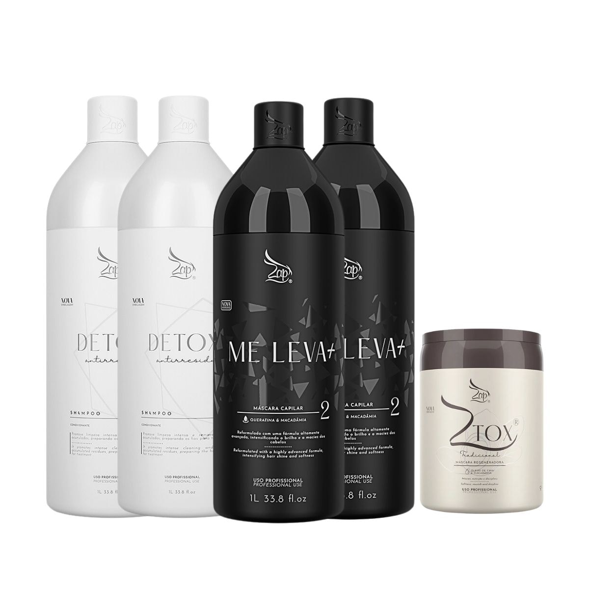Zap Me Leva+ 2 Kits Shampoo e Máscara (2x1L) e Ztox 950g Zap Me Leva+ 2 Kits Shampoo e Máscara (2x1L) e Ztox 950g